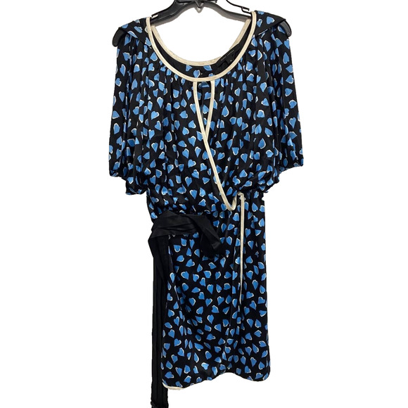 MARC JACOBS Black Blue Hearts 100% Silk Faux Wrap Mini Dress Size 10 A000415 - Picture 6 of 13